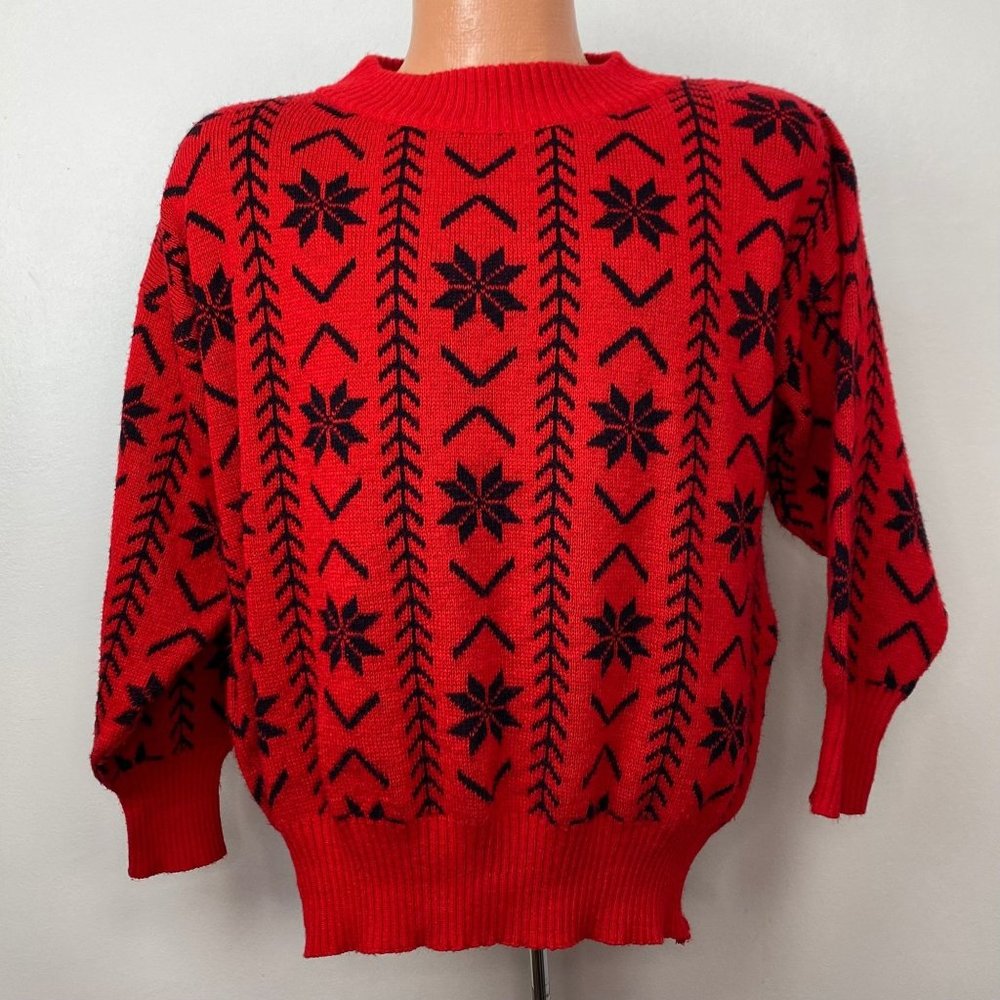 Vintage 1980s Red and Black Snowflake Sweater, Cest Joli by Laura Size Medium